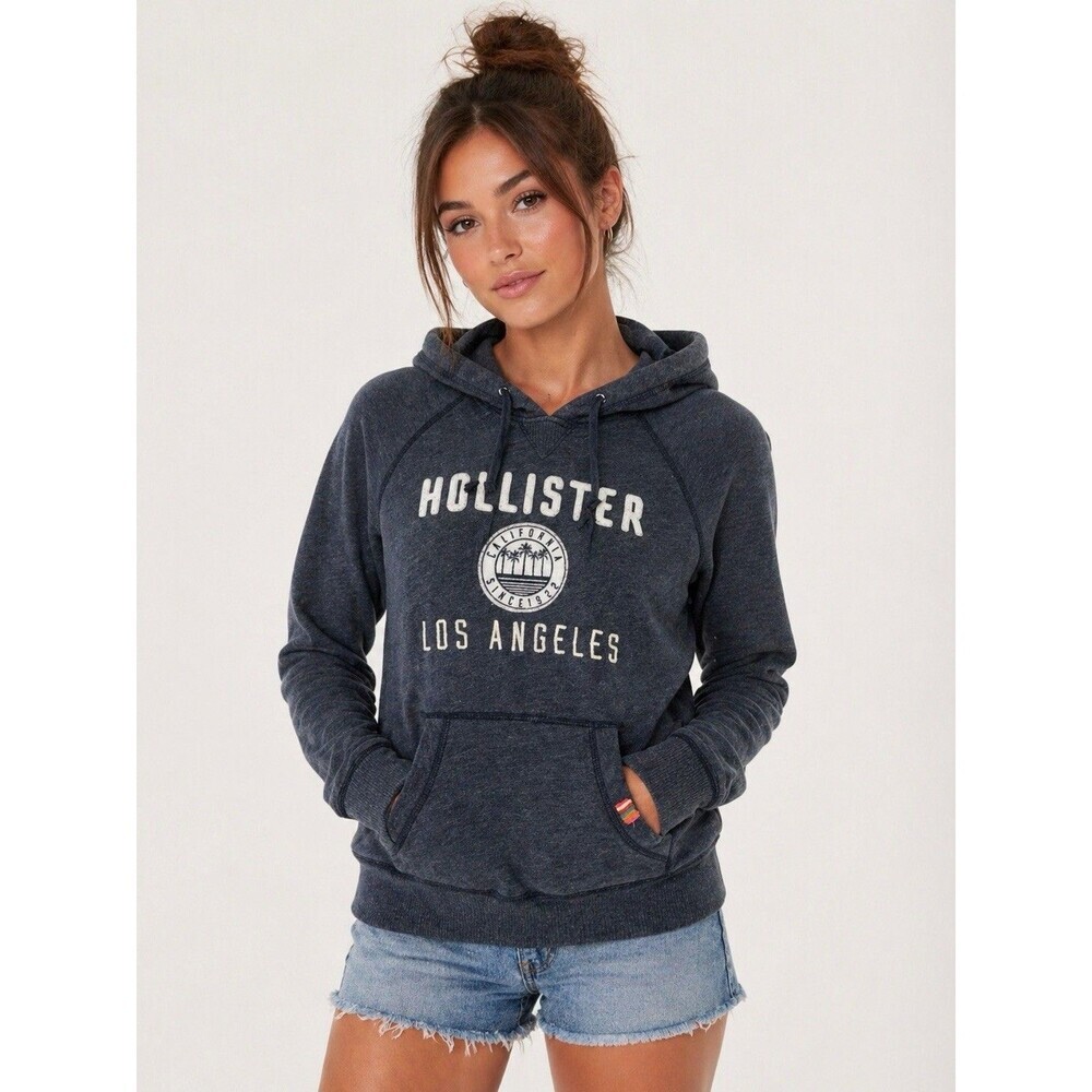 Hollister Los Angeles Pullover Hoodie XS Navy Graphic Fleece Lined Sweatshirt